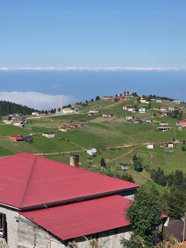Scattered houses on green slopes above a sea of clouds near Hamsiköy