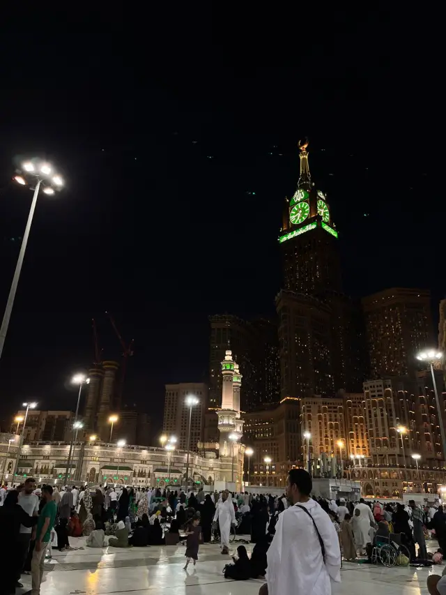 Masjid al-Haram at night, with the Makkah clock tower